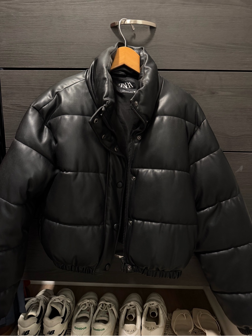 Zara Black Quilted Faux-Leather Puffer